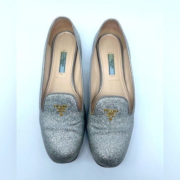 Prada Silver Glitter Leather Logo embellished Loafer / Ballet flats EU 37.5 - Picture 1 of 10